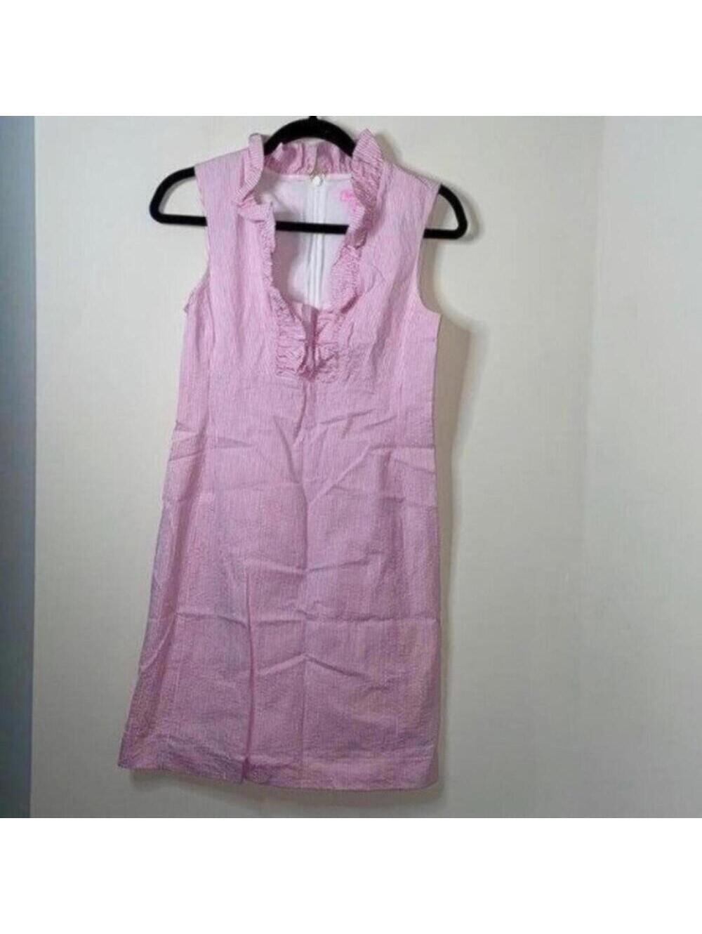 Lilly Pulitzer Pink and White Seersucker Striped Ruffle Collar Dress